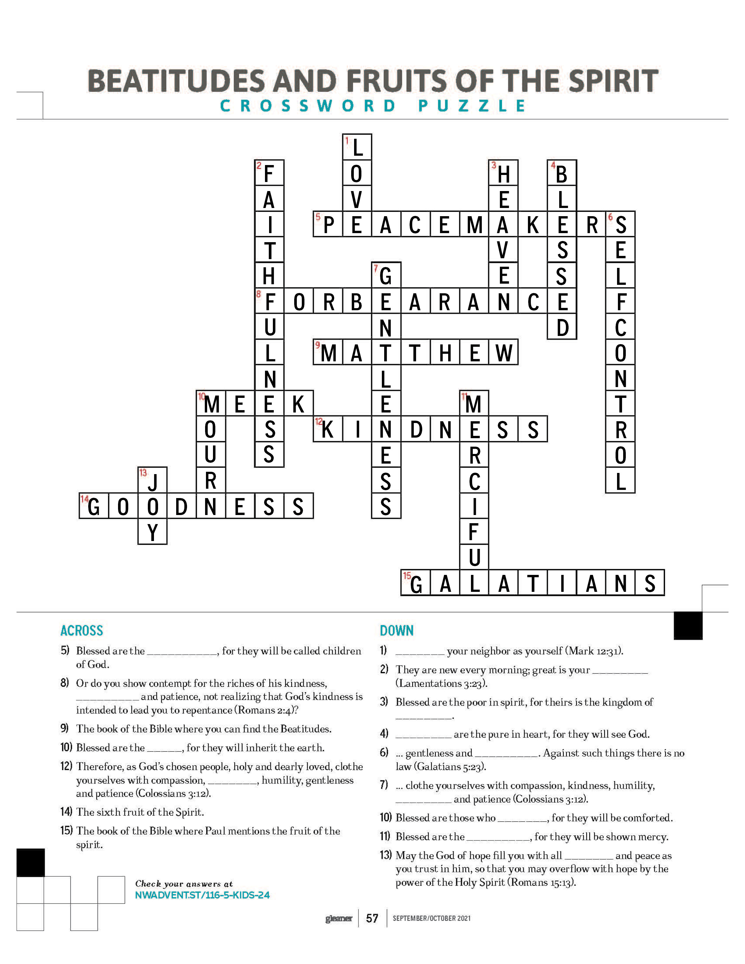 Beatitudes and Fruits of the Spirit Crossword Puzzle Just for Kids