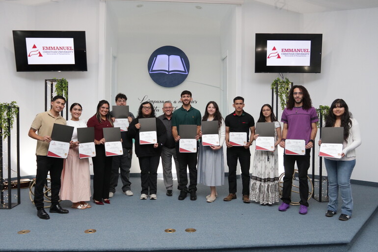 Pastor Florencio Bueno and the 11 young participants in the Voices of Power competition receiving their certificates of participation from Emmanuel Christian University.