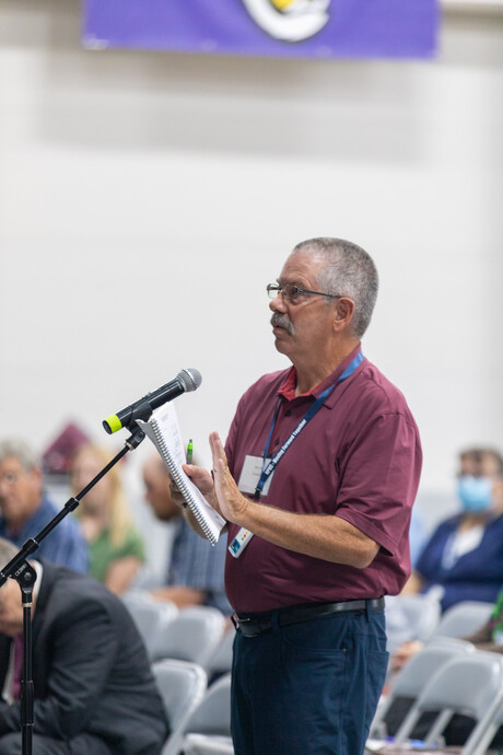 Delegates speak at the microphone to motions on the floor during the 55th Regular Constituency Session of the Idaho Conference on Sunday, September 17, 2023, on the campus of Gem State Adventist Academy, in Caldwell, Idaho.