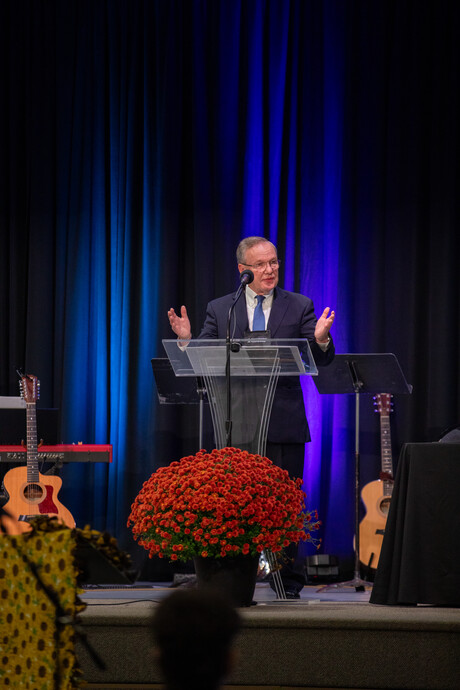 John Freedman, North Pacific Union president, presents the nominating committee report to the delegates at the 79th Regular Constituency Session of the Upper Columbia Conference on Sunday, September 24, 2023, on the campus of Upper Columbia Academy in Spangle, Washington.