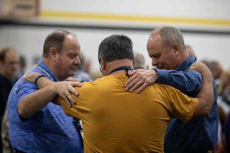 Delegates gather in groups to pray for the Spirits outpouring at the 79th Regular Constituency Session of the Upper Columbia Conference on Sunday, September 24, 2023, on the campus of Upper Columbia Academy in Spangle, Washington.