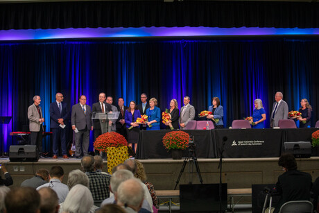 David Jamieson, Upper Columbia Conference president, congradulates all the re-elected officers and directors and thanks the delegates for their continued support during the 79th Regular Constituency Session of the Upper Columbia Conference on Sunday, September 24, 2023, on the campus of Upper Columbia Academy in Spangle, Washington.