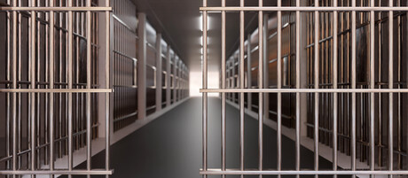 Prison building corridor, jail cell and open metal bars door