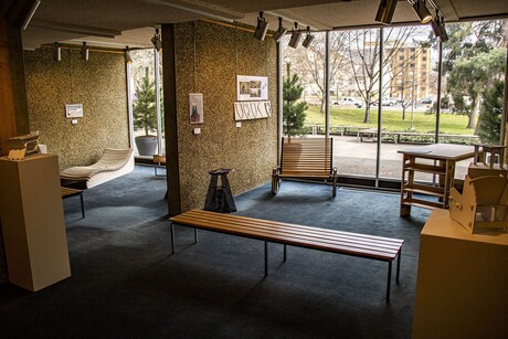 2020 CNC Prototyping class plywood furniture projects displayed in the Clyde and Mary Harris Gallery