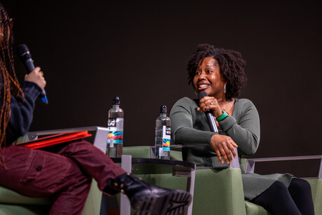 Jalysa Conway on stage for her Q&A colloquium