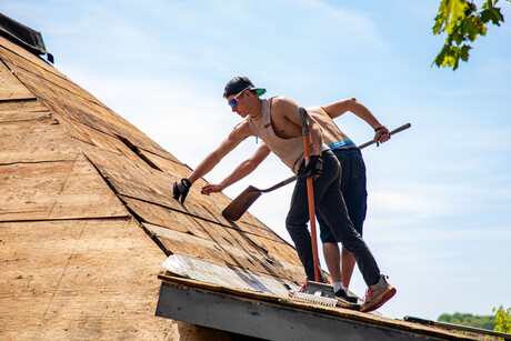 Two UCA Students scraping old shingles and removing nails from Lora's Roof