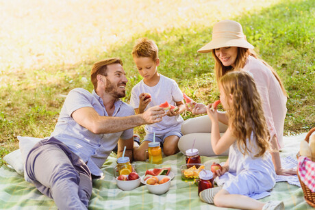 Enjoying Picnic Basket fruits on a sunny summer day in nature