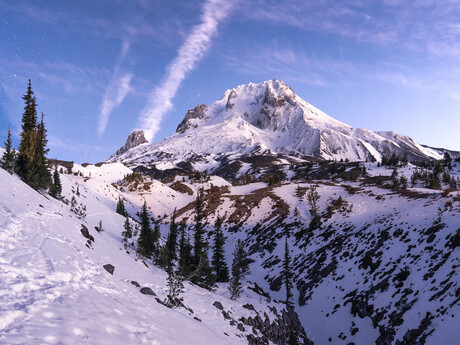 Blue hour glow on Mount Hood shot from timberline area.