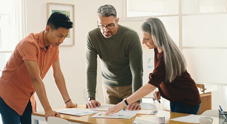 Collaboration, documents or business people in meeting planning a group startup project together. Strategy, brainstorming ideas or workers with data analytics paperwork for our vision or sales goals