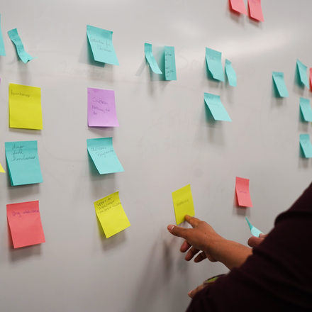 Multicolored sticky notes cover a whiteboard.