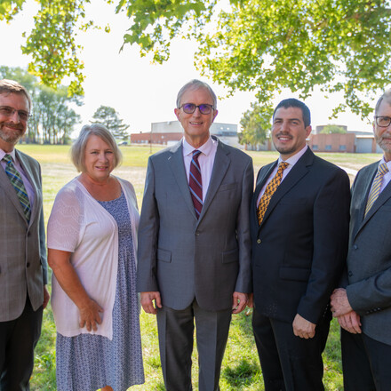 Newly and reelected Idaho Conference leaders Barry Curtis, Idaho Conference ministerial director; Eve Rusk, communications and planned giving and trust services director; David Prest, Jr., Idaho Conference president; David Salazar, Idaho Conference vice presient for administration; Patrick Frey, Idaho Conference superintendent of education. At the 55th Regular Constituency Session of the Idaho Conference on Sunday, September 17, 2023, on the campus of Gem State Adventist Academy, in Caldwell, Idaho.