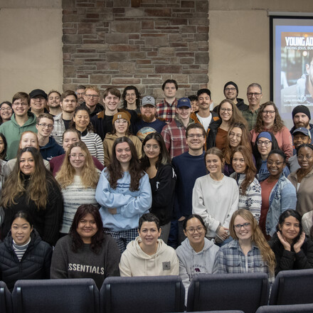 A large group of Young Adults gather for a group photo at the UCC Young Adult Retreat 2024.