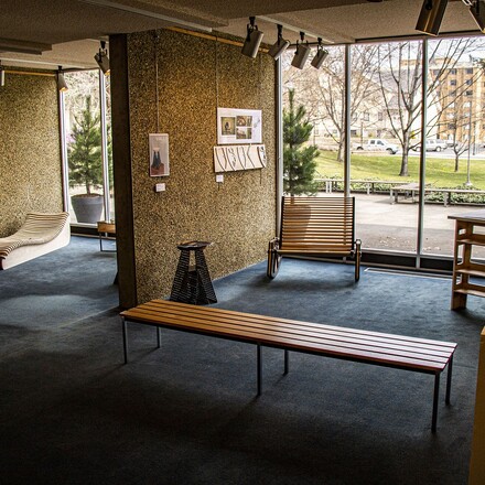 2020 CNC Prototyping class plywood furniture projects displayed in the Clyde and Mary Harris Gallery