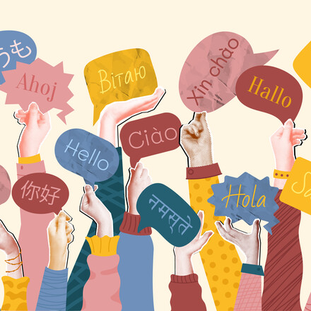 International languages collage. Language school, mixed media halftone crowd of raised hands holding speech bubbles with greetings in multiple languages. Global communication vector illustration.