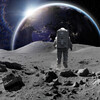 An astronaut dressed in full spacesuit with backpack on the lunar surface, off the ground under low gravity looking towards the sun rising over earth. With copy space. Earth image from NASA https://eoimages.gsfc.nasa.gov/images/imagerecords/90000/90008/europe_vir_2016_lrg.png