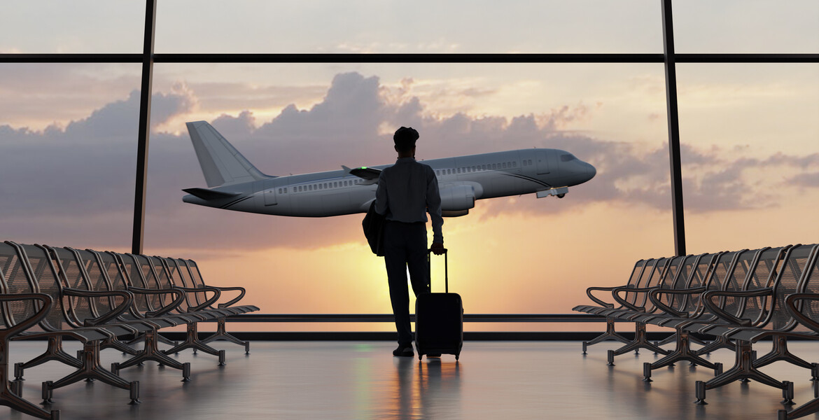 Silhouette of a man walking in the airport as the plane takes off during sunset. 3D illustration